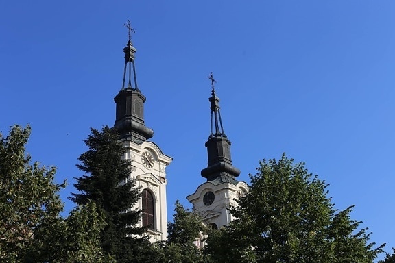 church tower, orthodox, church, analog clock, baroque, trees, bells, building, architecture, dome