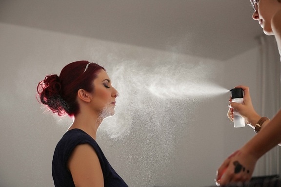hairdresser, makeup, beautician, hairstyle, pretty girl, brunette, spraying, spray, glamour, fashion