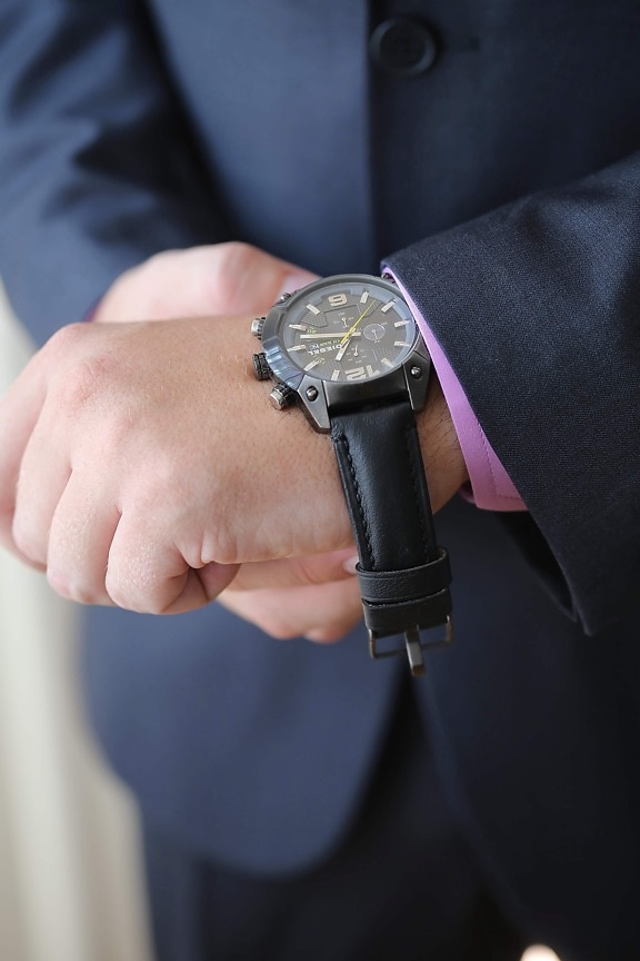 noir, montre à bracelet, homme d'affaire, temps, gentilhomme, homme, boucle, main, dispositif de fixation, unité