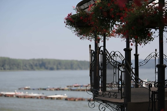 hegnet, balkon, håndlavede, støbejern, mole, bådene, anklagebænk, parkere, Donau flod, dagslys
