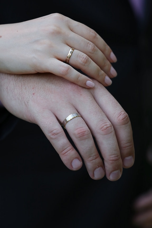 hand, kvinna, man, finger, ringar, guld, vigselring, huden, bröllop, vävnad