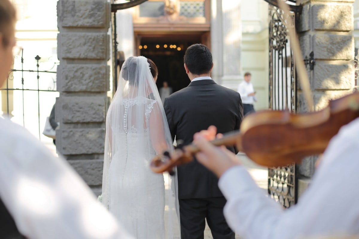 bruden, kvinna, man, brudgummen, violin, bröllop, personer, Kärlek, ceremoni, slöja