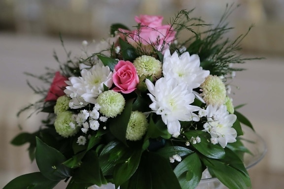 white flower, close-up, bouquet, crystal, decoration, flower, flower bud, green leaves, handmade, vase