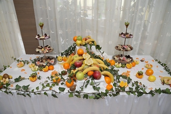 buffet de, biscoitos, para banquetes, frutas, sobremesa, citrino, tabela, decoração, folha, design de interiores