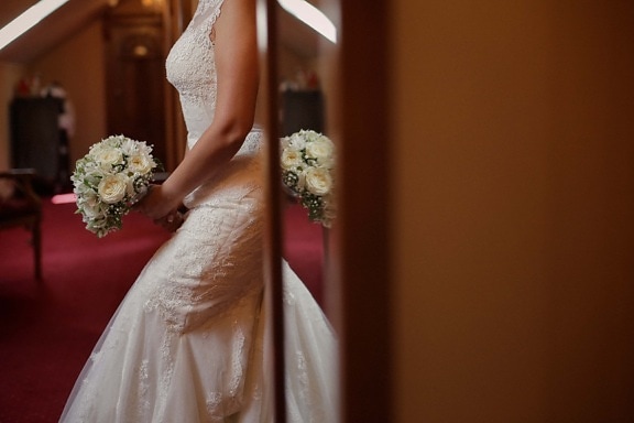wedding dress, wedding bouquet, bride, hotel, mirror, love, wedding, woman, groom, fashion