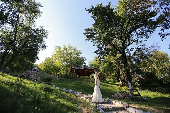 bride, pretty girl, cottage, ecotourism, village, resort area, wedding, park, tree, girl