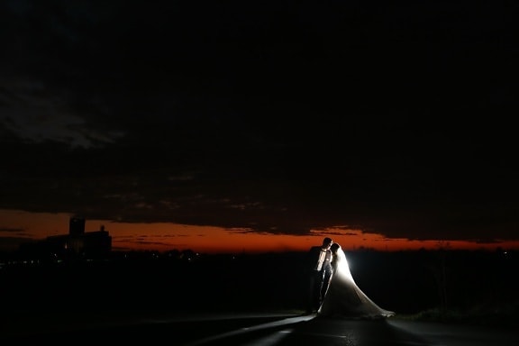 nat, bruden, brudgom, kys, romantisk, Panorama, baggrundsbelyst, solnedgang, lys, strand