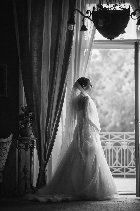 robe de mariée, balcon, la mariée, luxe, Wait, Salon, gens, mariage, robe, monochrome