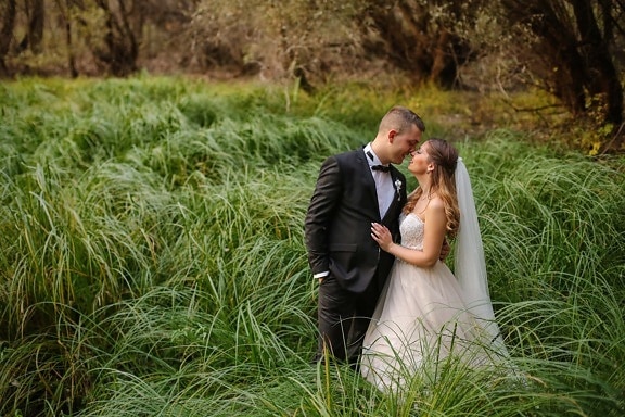 forest, bride, groom, wilderness, wedding dress, suit, outfit, grass, person, meadow