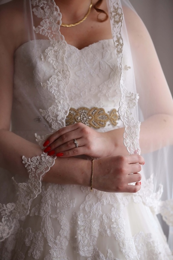 svadobné šaty, závoj, náhrdelník, nevesta, snubný prsteň, ženích, žena, svadba, zapojenie, šaty