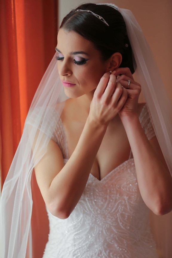 professional, wedding, photo, bride, veil, earrings, wedding dress, girl, woman, fashion