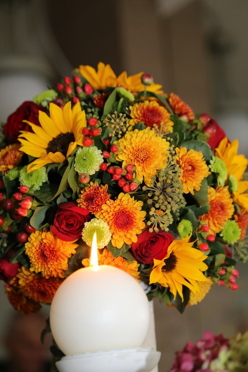 svíčka, kytice, světlo svíček, zblízka, květ, list, romantika, svatba, světlé, růže