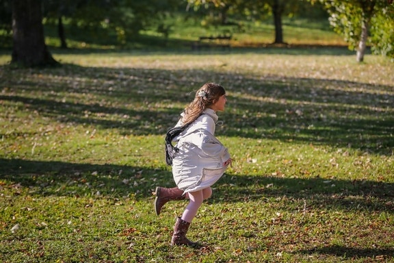 running, movement, park, child, fast, smiling, playful, enjoyment, grass, girl