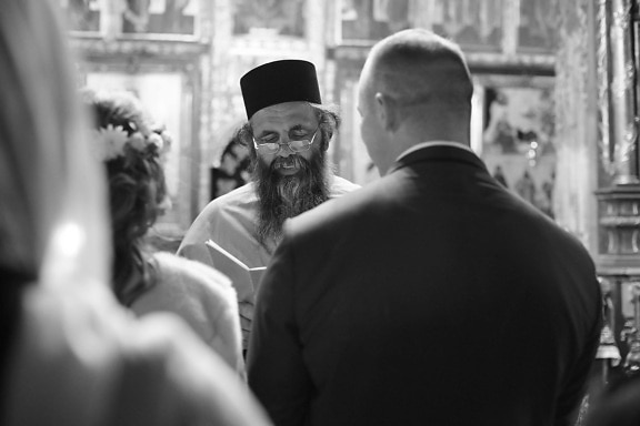 православна, свещеник, церемония, булката, сватба, младоженец, монохромен, хора, мъж, портрет