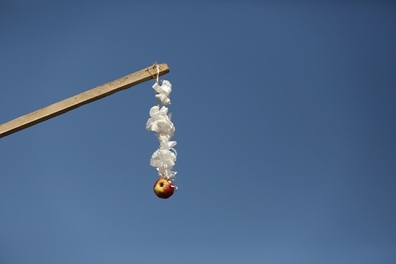 apple, stick, hanging, event, blue sky, manifestation, tradition, outdoors, high, air
