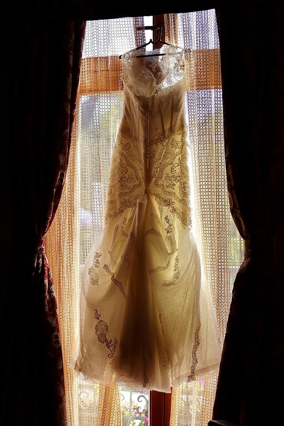 handmade, wedding dress, dress, hanging, window, old style, silk, outfit, fashion, craft