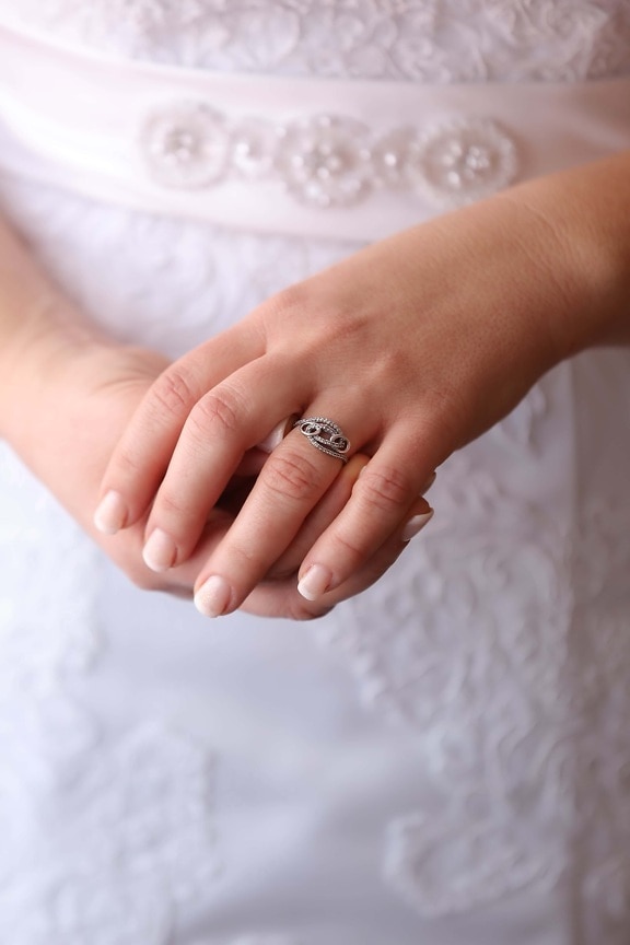 wedding ring, diamond, silver, finger, wedding dress, dress, arms, skin, body, wedding