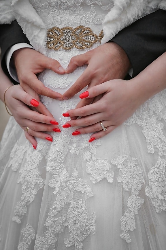 accessoire, handen, trouwring, trouwjurk, man, vinger, manicure, vrouw, aanraking, bruiloft