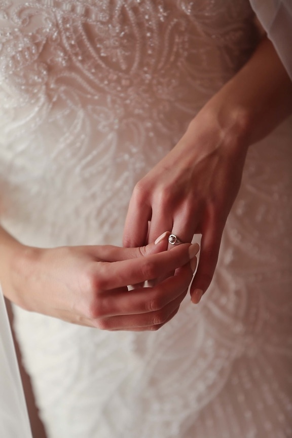 wedding ring, finger, hand, wedding dress, touch, wedding, woman, bride, skin, love