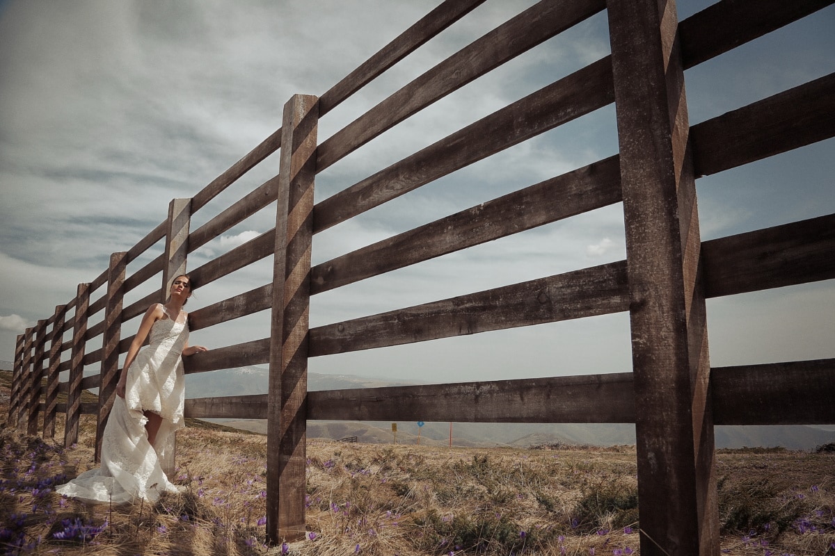 countryside, fence, bride, wedding dress, landscape, posing, architecture, wood, outdoors, nature