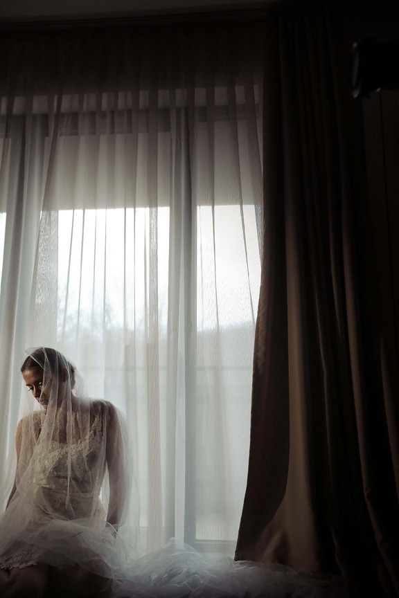 veil, wedding dress, pretty girl, outfit, posing, fashion, curtain, window, backlight, shadow