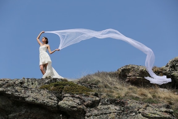 wind, hill, bride, veil, wedding dress, slope, ascent, mountain, wedding, girl