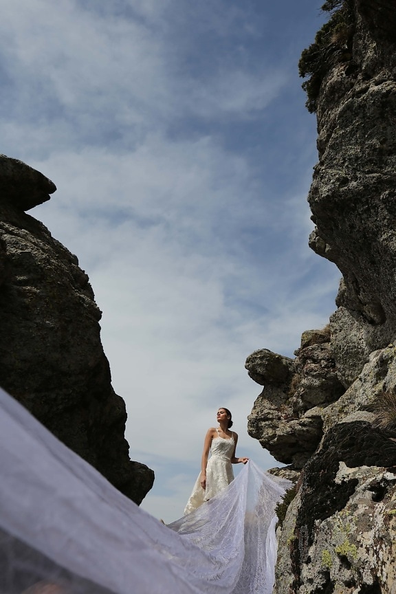 Estreito, pedras, mulher, vestido de casamento, véu, paisagem, megalith, estrutura, montanha, penhasco