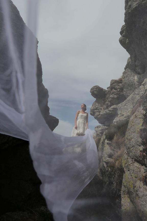 bride, cliff, veil, wedding dress, mountain climber, people, woman, landscape, nature, outdoors