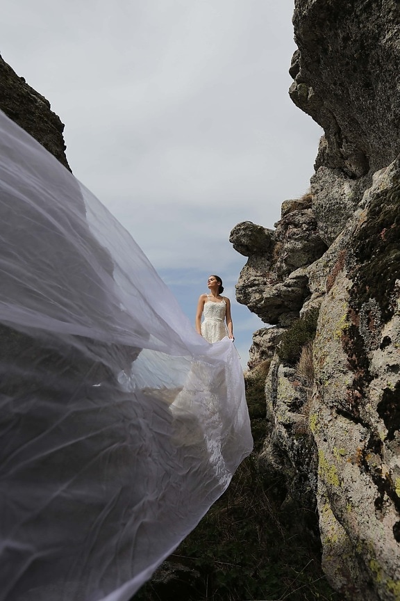 hiking, hiker, woman, wedding dress, veil, bride, landscape, wedding, canyon, mountain