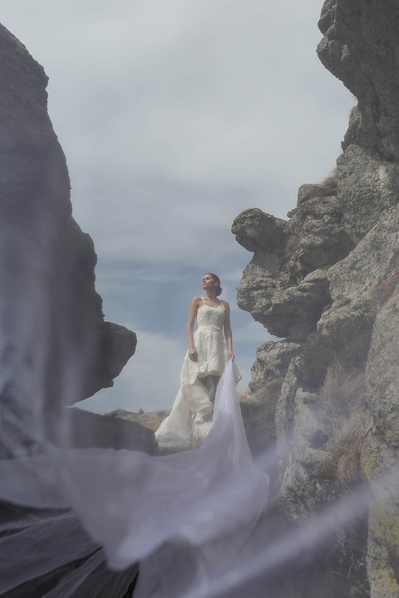robe de mariée, voile, long, Fantasy, rêver, jeune femme, Jolie fille, mariage, paysage, falaise