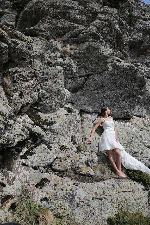 bride, rock climbing, posing, wedding dress, mountain, cliff, rock, nature, outdoors, stone