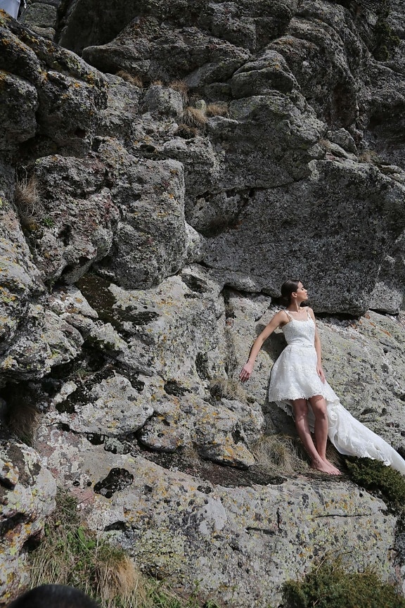 mountainside, young woman, gorgeous, skirt, fashion, dress, posing, photo model, mountain, cliff