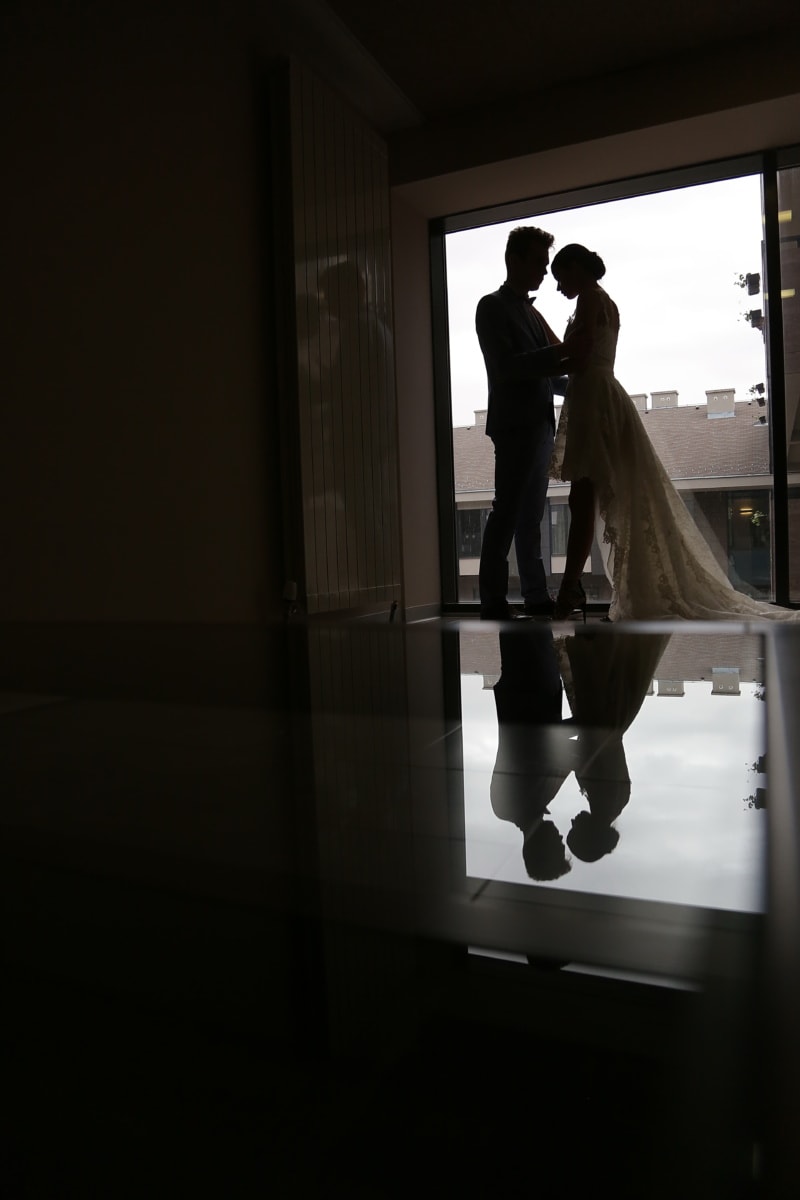 apartment, living room, hotel, man, wedding dress, young woman, suit, silhouette, window, reflection