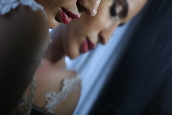 lips, reflector, face, skin, young woman, lipstick, nose, bride, person, girl