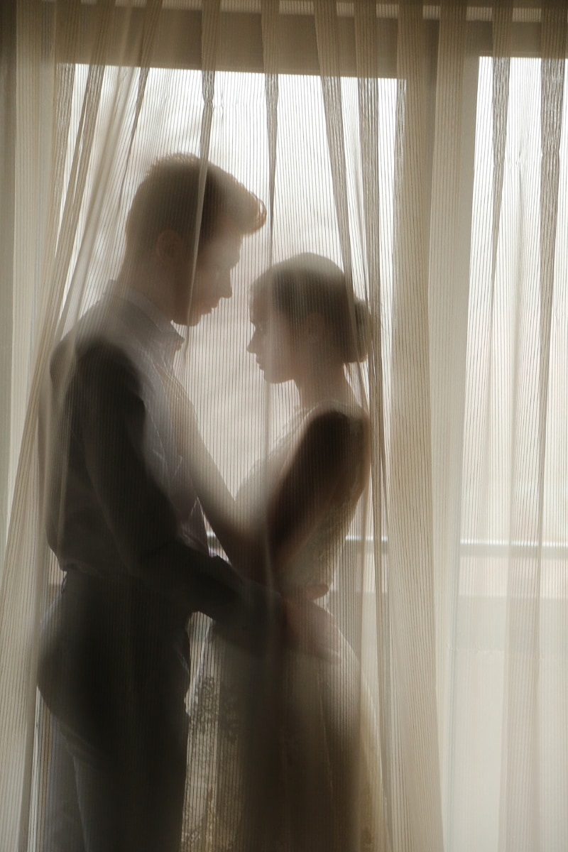 булката, младоженец, прозорец, завеса, прегръща, Любов, романтичен, Скриване на, слепи, атрактивен