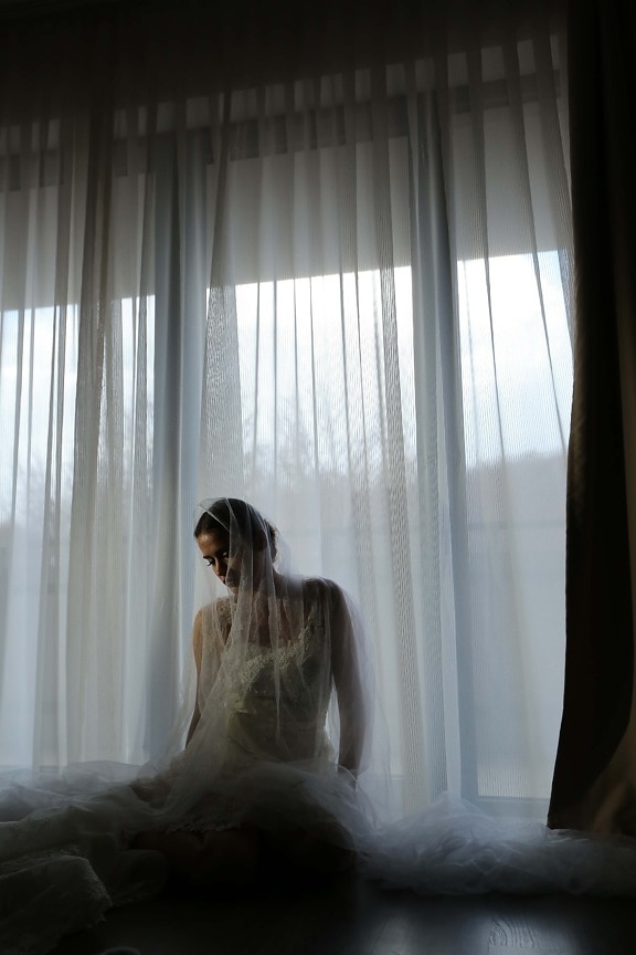wedding dress, veil, shoulder, hotel, pretty girl, posing, elegance, young woman, covering, bride