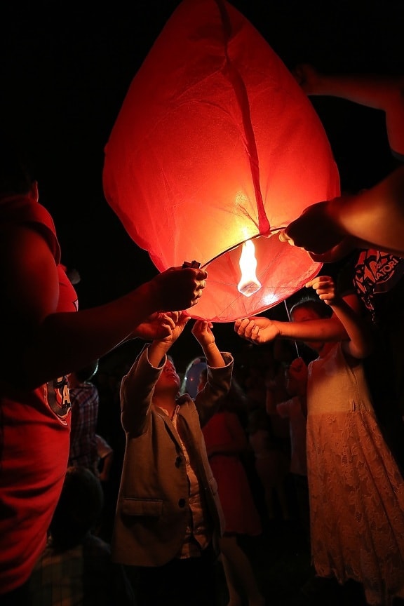 hot air, flame, event, lantern, air, night, crowd, hands, people, group