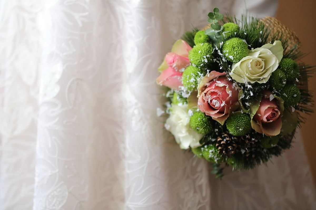 elegantie, pastel, boeket, trouwjurk, bruid, regeling, decoratie, bruiloft, steeg, bloem