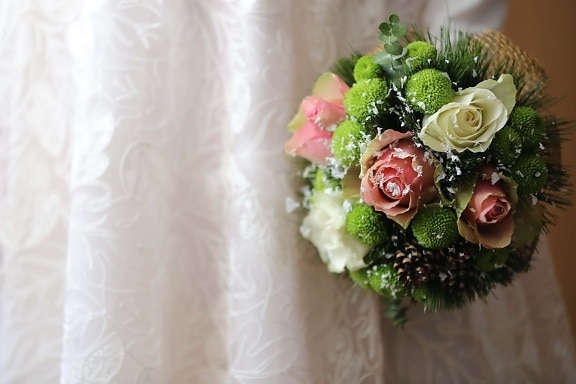 elegance, pastelová, kytice, svatební šaty, nevěsta, uspořádání, dekorace, svatba, růže, květ