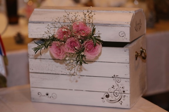 romantický, překvapení, krabice, dřevěný, kontejner, papír, ročník, staré, grunge, květ