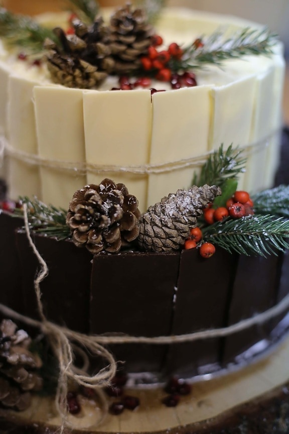 chocolate cake, decorative, conifers, cake, chocolate, sugar, christmas, cream, delicious, sweet