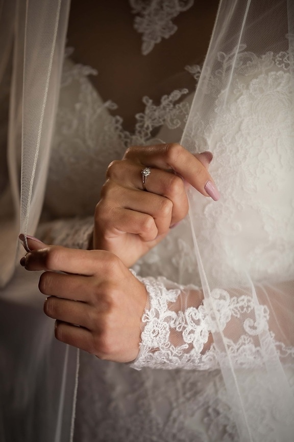 wedding ring, diamond, wedding dress, dress, veil, hands, bride, marriage, groom, wedding