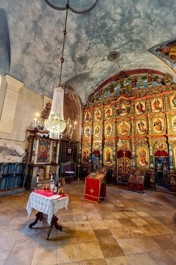 kyrkan, ortodoxa, insidan, altaret, arkitektonisk stil, konst, Bysantinska, tak, ljuskrona, kristendomen