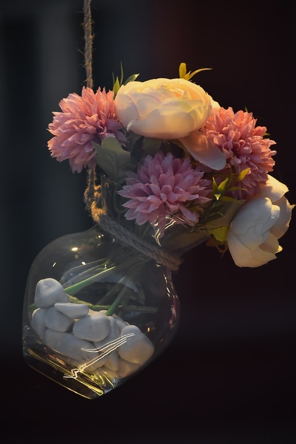 studio photo, vase, bouquet, suspendu, sombre, lumières, fleur, décoration, arrangement, fleurs