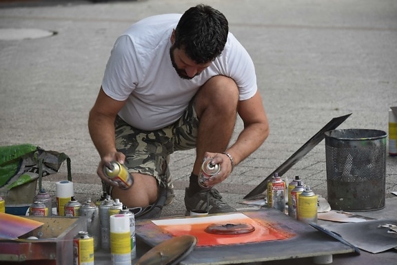 art, street, artist, painter, pavement, painting, paint, man, tool, people