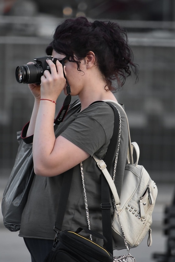 photographer, backpacker, backpack, camera, woman, portrait, lens, fashion, street, girl