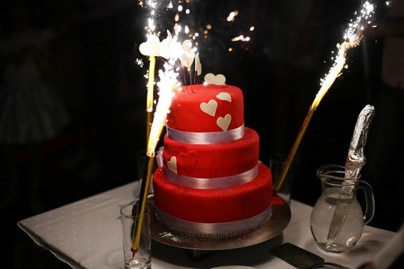 amor, faísca, bolo de aniversário, aniversário, corações, flama, vela, comida, açúcar, celebração
