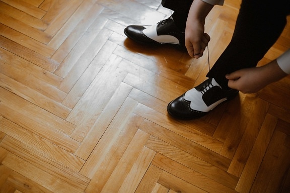 legs, man, foot, footwear, shoelace, shoe, black and white, wood, parquet, floor