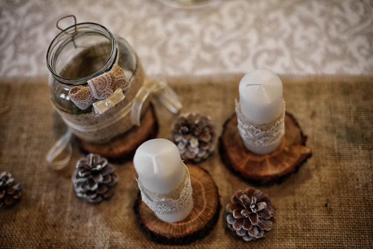 candles, candlestick, jar, still life, jute, wood, traditional, zen, candle, table