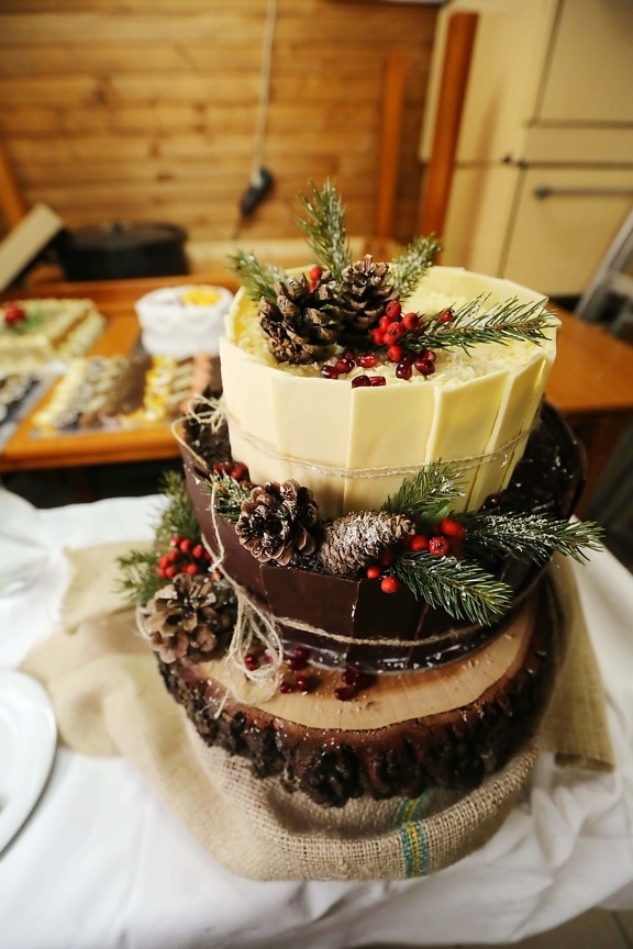装飾的です, ケーキ, クリスマス, お祝い, 休日, ベリー, 食品, チョコレート, おいしい, 砂糖